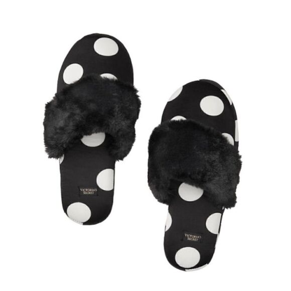 Victoria Secret Slippers Satin Fur Trim Black Polka Dot Pattern Size 9/10 L - Picture 1 of 5